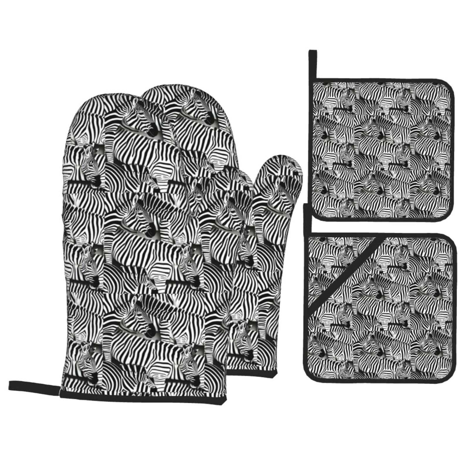 Zebra Print 4-Piece Heat-Resistant Oven Waterproof Kitchen Gloves Cooking Roasting Essential