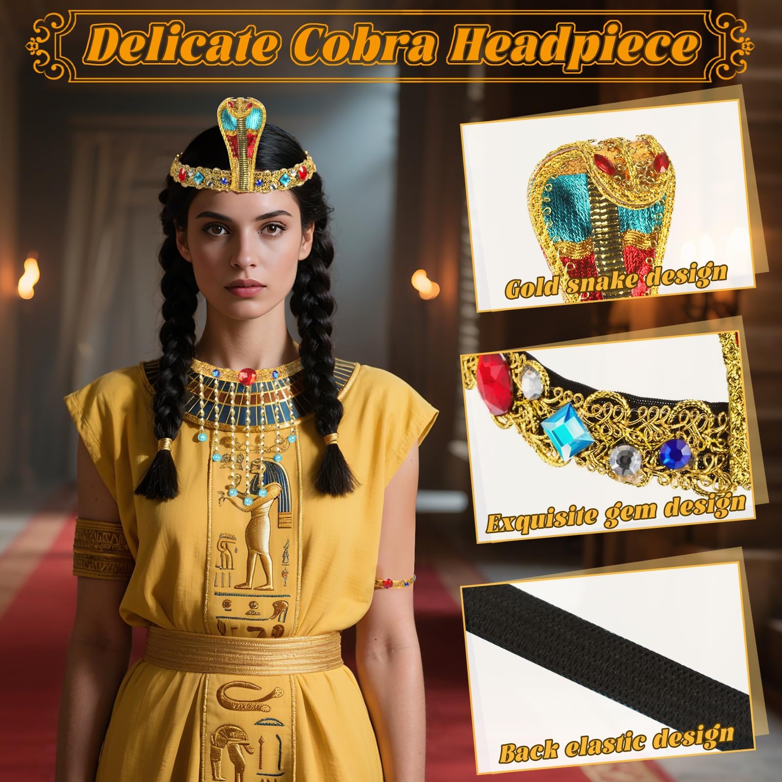 6Pcs Egyptian Costume Set for Women Cleopatra Fancy Dress Kit with Cobra Headpiece, Snake Armband, Tassel Necklace - Image 3