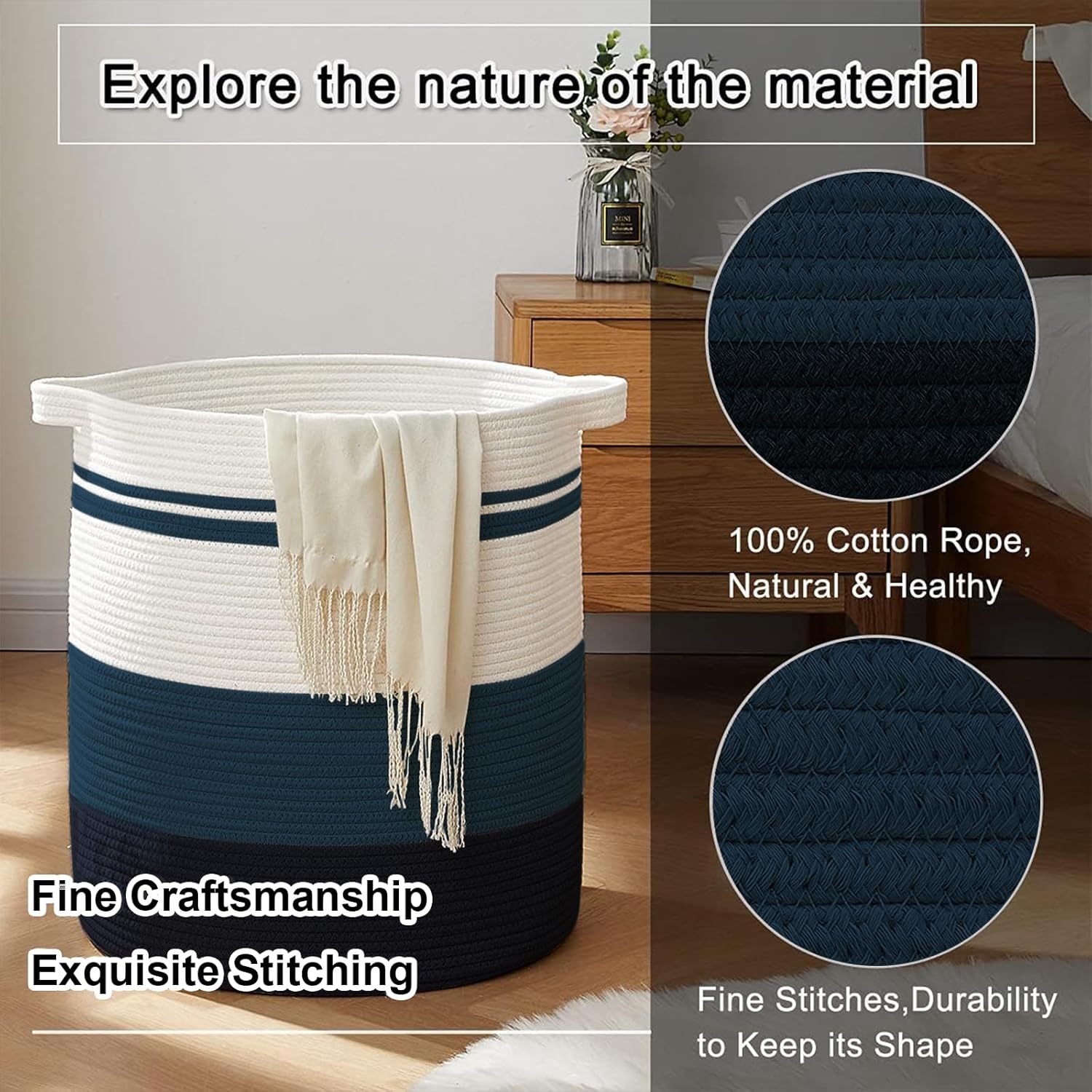 OIAHOMY 80L Laundry Baskets Hamper with Handles,Decorative Basket for Living room,Woven Storage Basket for Toys Bin,Pillows, Blankets,Clothes-20x18in-Gradient Blue - Image 3