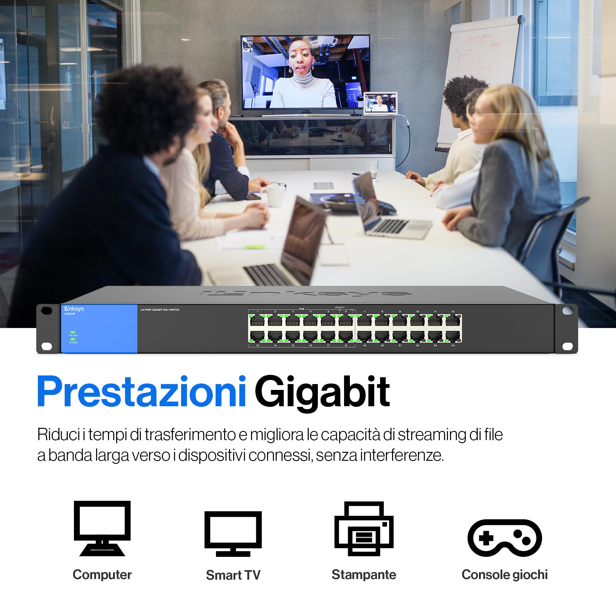 Linksys LGS124P-EU Switch di rete Gigabit PoE non gestito a 24 porte, 120 W tramite 12 porte PoE+, per aziende, uffici, sorveglianza IP, sdoppiatore Ethernet con chassis in metallo