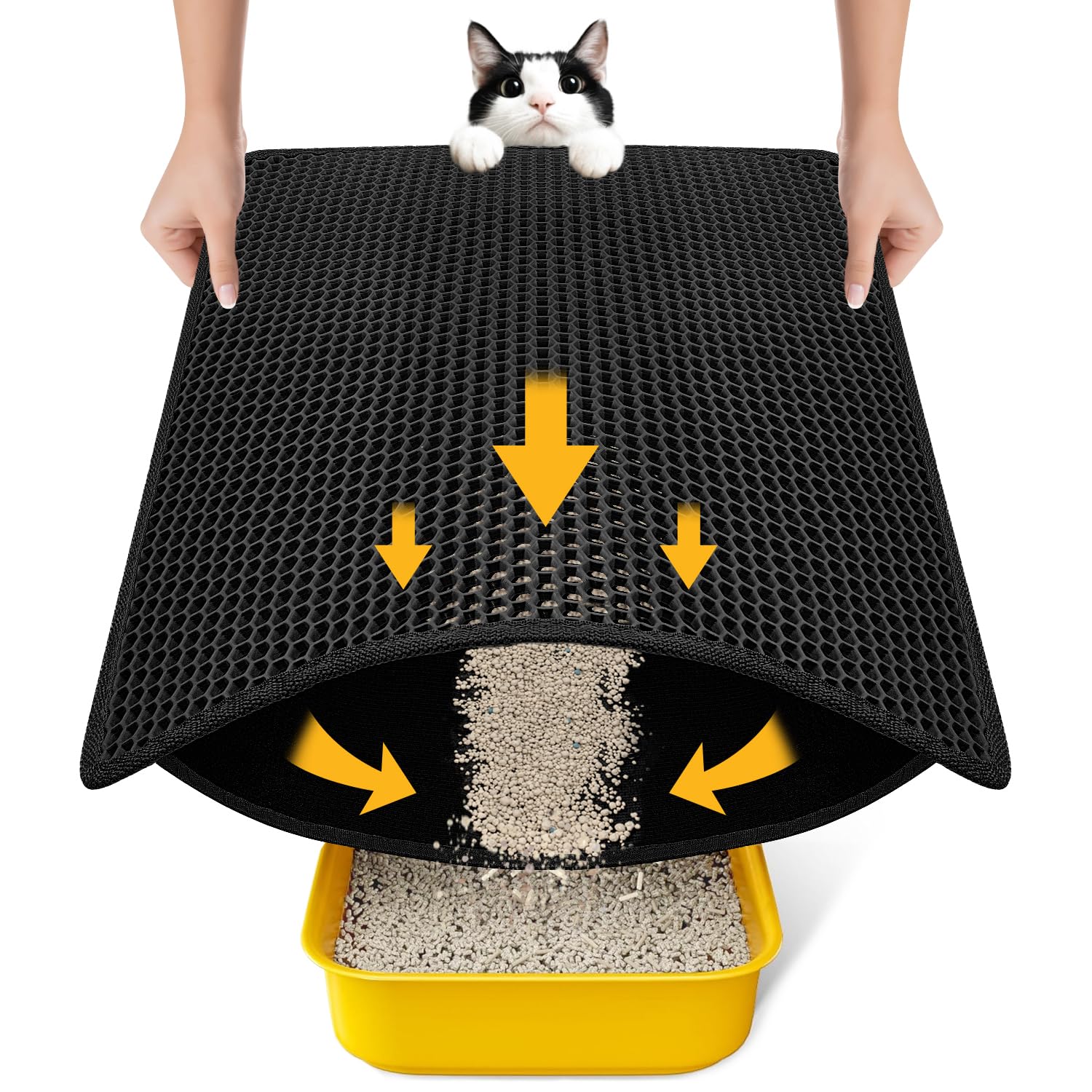 Cat Litter Mat Litter Box Mat, EVA Honeycomb Double Layer Design, Urine & Waterproof, Scatter Control Kitty Litter Mat, Less Waste, Easier To Clean,Washable, Black