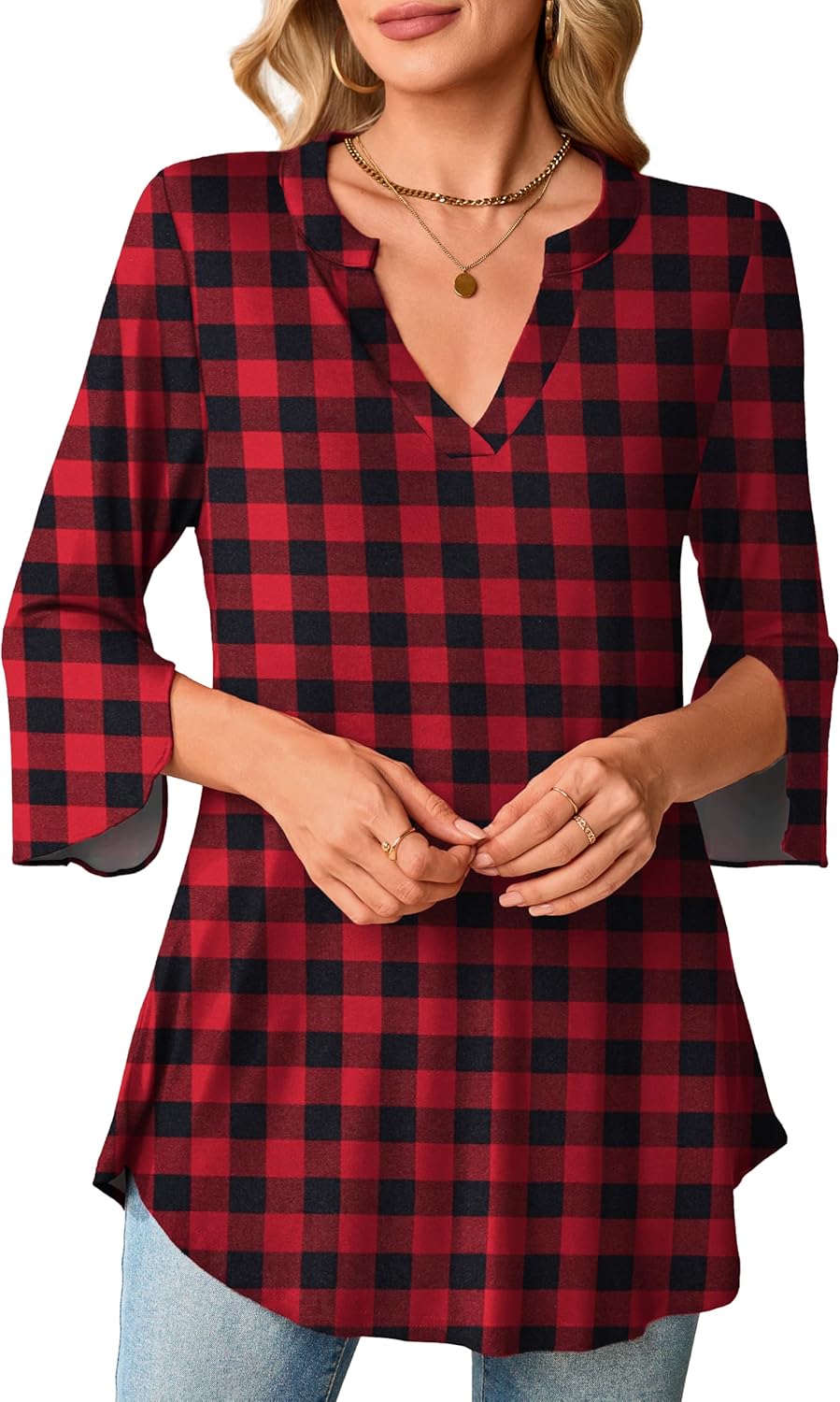 Womens Plus Size Tops 3/4 Sleeve Work Blouses Notch V Neck Tunic Tops - Image 3