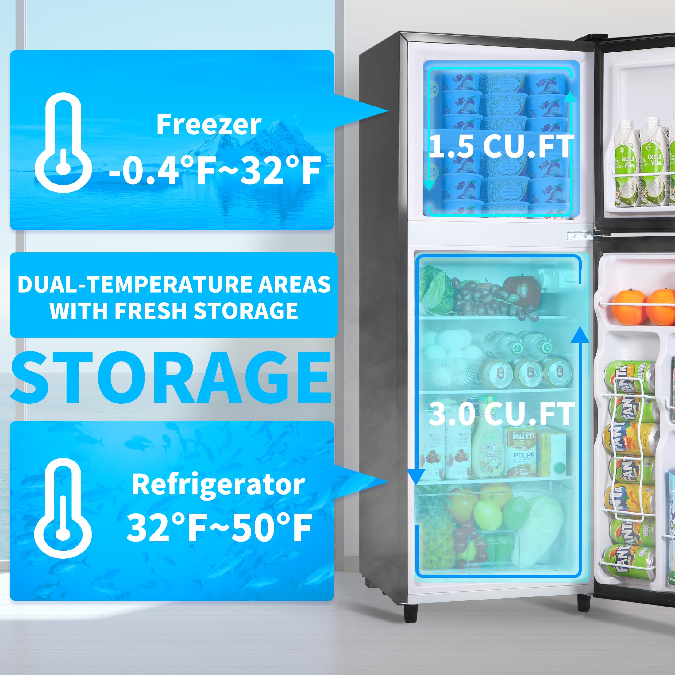 Calliever 4.5 Cu.Ft. Refrigerator With Freezer,2-Door Design,7-Level Temperature Control,5 Adjustable Thermostat & 4 Removable Glass Shelves (Silver) on Fridge.com - View 4