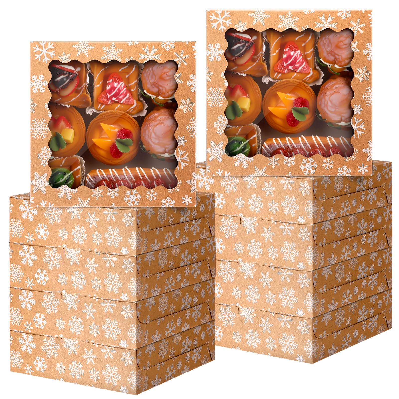 FoldTier Weihnachts-Keksboxen aus Kraftpapier mit Sichtfenster, 22,9 x 22,9 x 6,3 cm, Weihnachtsschneeflocke, Bäckerei, Geschenkboxen für Weihnachten, Party, Geschenke, 48 Stück