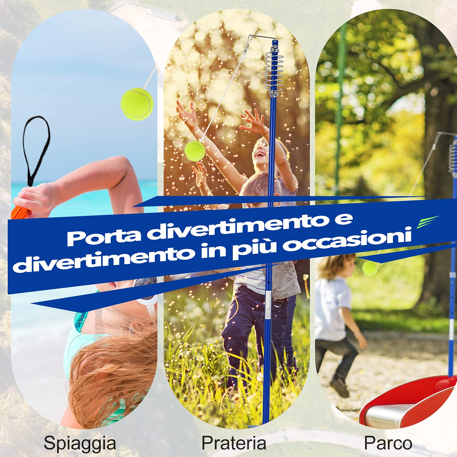 COSTWAY Set di Palline da Tennis, Gioco da Esterno con Palla Oscillante e 3 Livelli di Altezza Regolabili, con Palla, Braccio Girevole, 2 Racchette, Gioco Familiare per Bambini +5 Anni