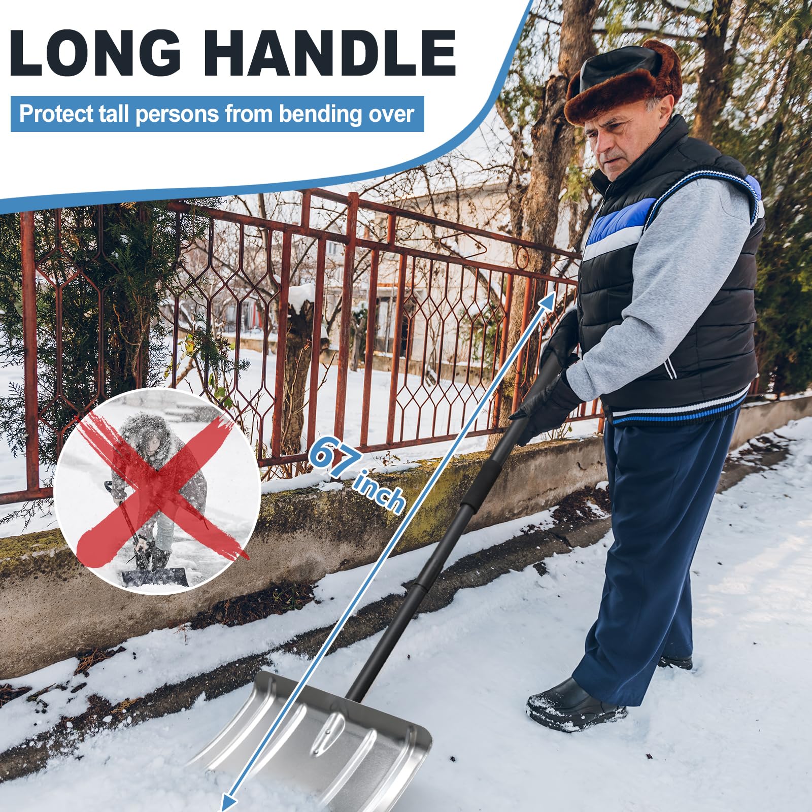Pala quitanieves para entrada de vehículos, pala quitanieves de aluminio resistente, mango largo de 67", pala ergonómica de metal para empujar la nieve, portátil para el maletero del automóvil, el g