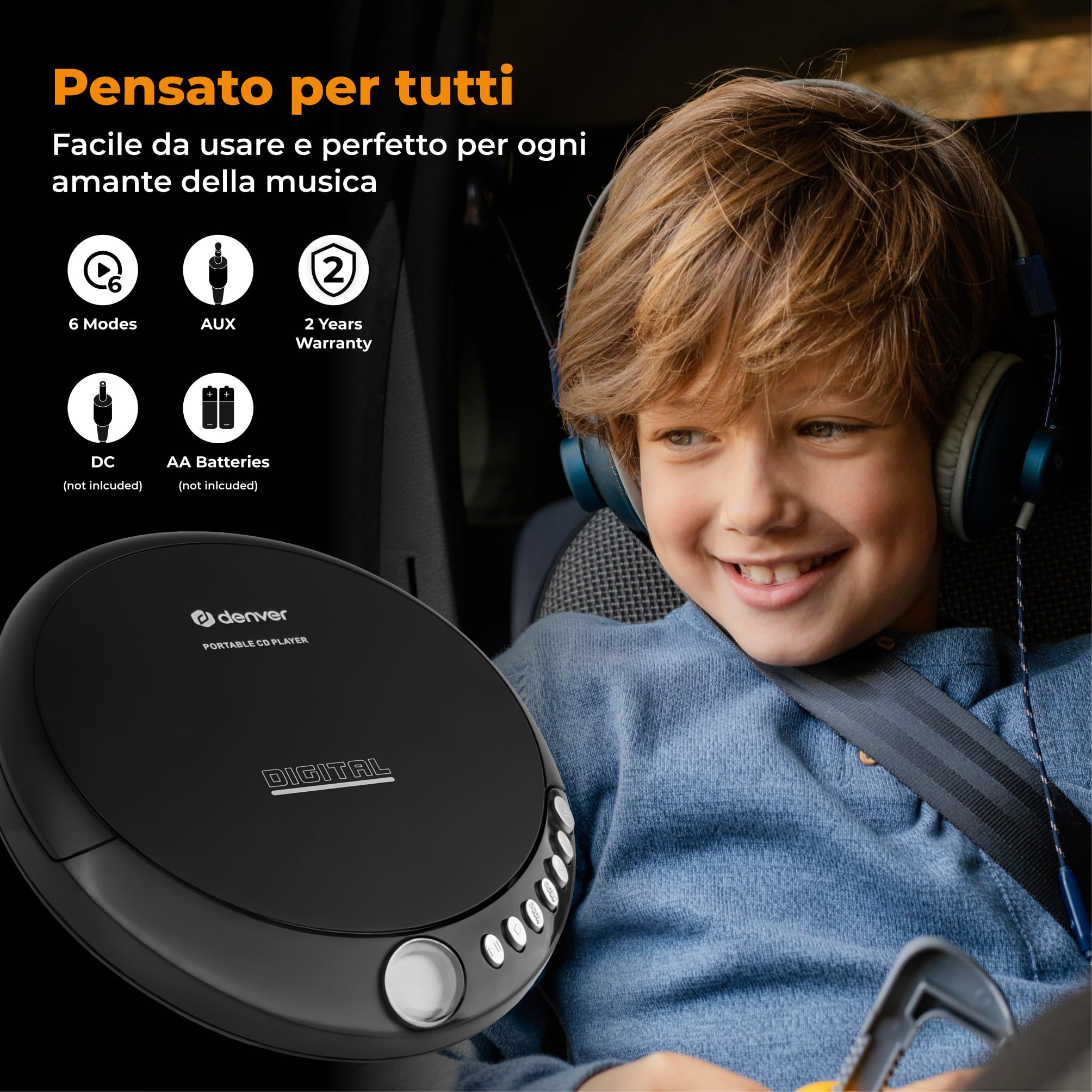 Discman Denver DM-24. Lettore CD portatile. Compatibile con CD, CD-R e CD/RW. Cuffie incluse