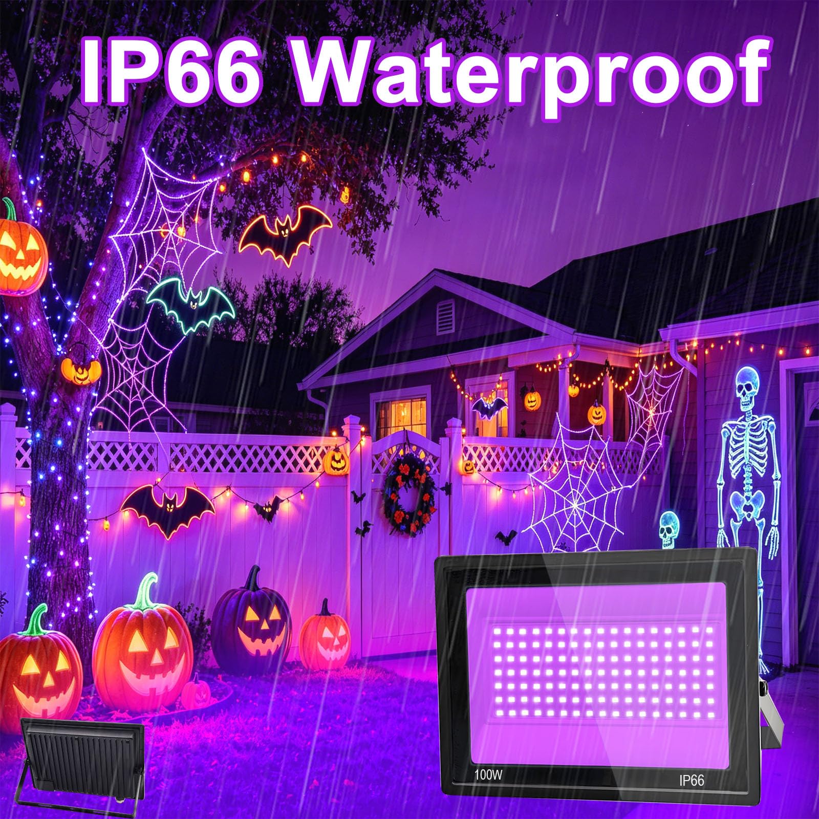 2 Pièces 100W Lumiere Noire LED, Projecteur Lumière Noire UV, Projecteur Lumière noire, IP66 Etanche, Avec Interrupteur pour Fêtes, Effets Fluorescents, Décorations d'Halloween et Scène