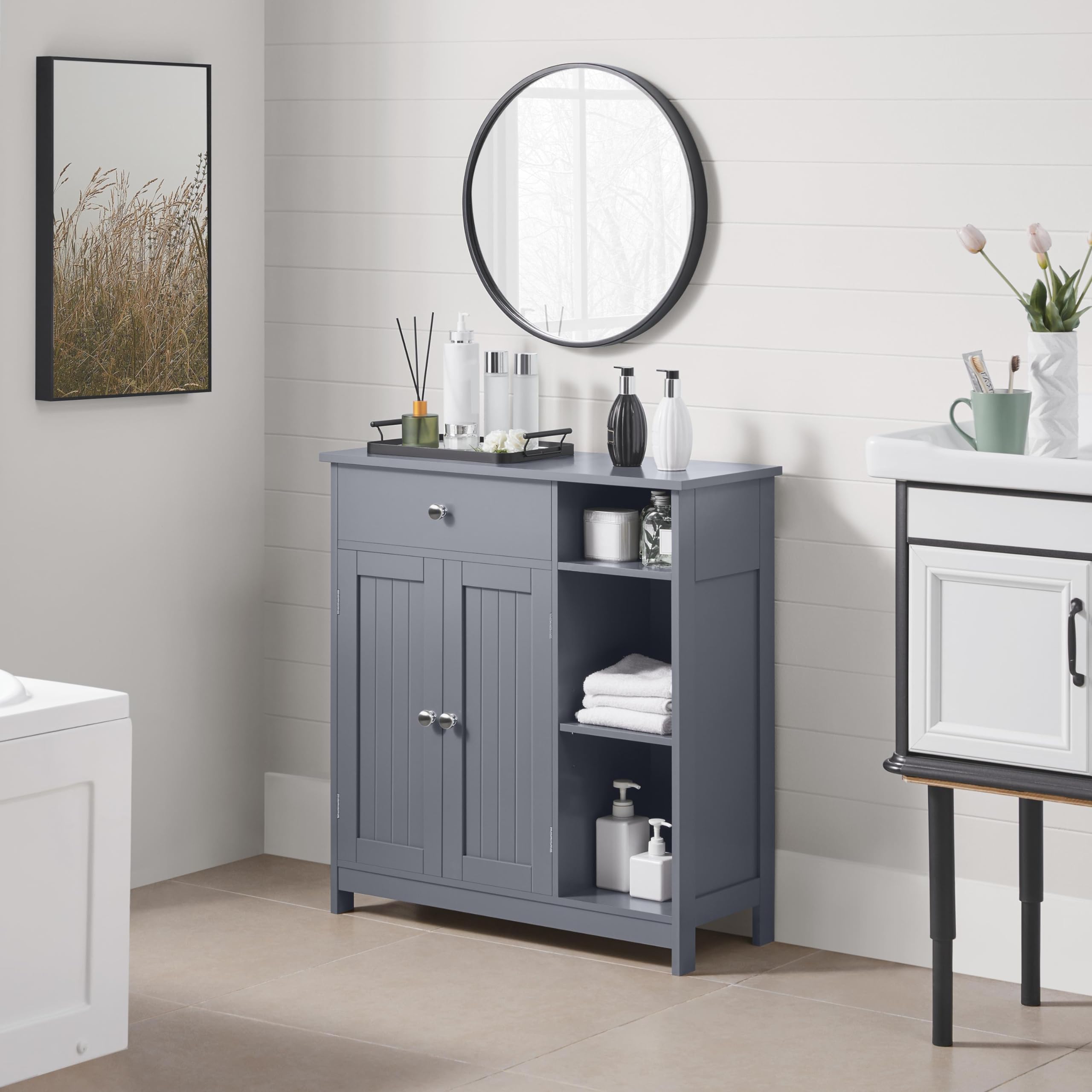 Yaheetech Mueble de Baño de Suelo Auxiliar de Madera Armario Baño con Cajón y Puertas Mueble de Cocina con Estante Ajustable 75 x 30 x 80 cm Gris