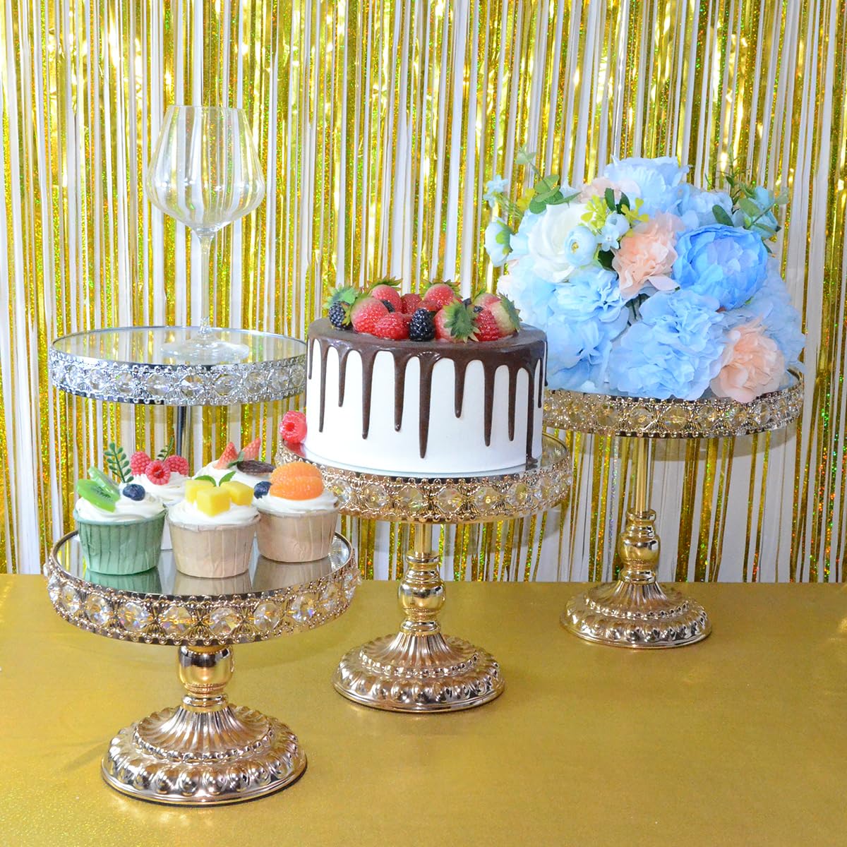 FEICTPOX Cake Stand Set for Dessert Table Metal Cake Stands with Crystal Cupcake Display Stand,Gold