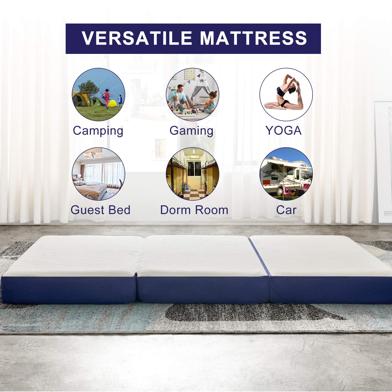 JINGWEI Folding Mattress, Trifold Memory Foam Mattress Topper with Washable Cover, 6Inch