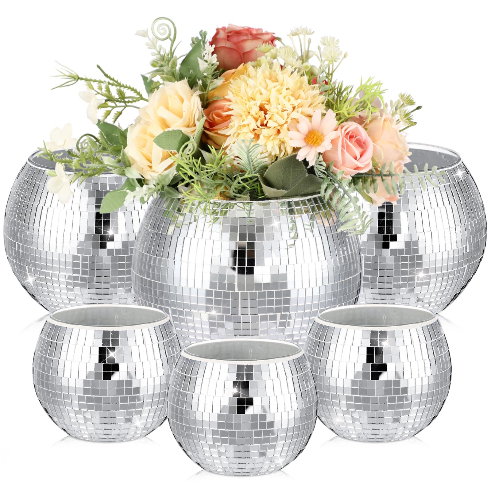 Inbagi 6 Pcs Disco Ball Flower Vase Mirror Glass Vase Disco Ball Planter Candle Holder Bulk for Wedding Centerpieces Bedroom Kitchen Office Decor(