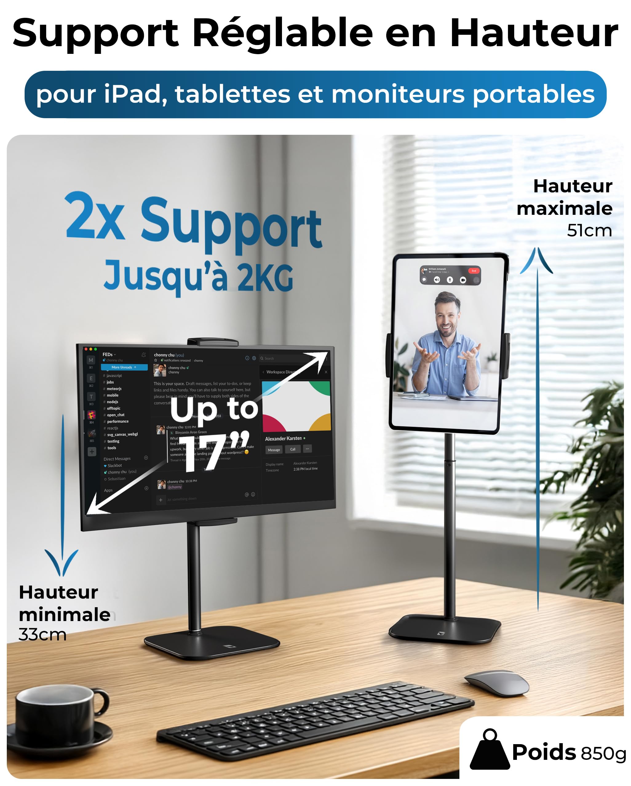 COOPER TabStand Support iPad Bureau 51 cm, Support Écran Portable jusqu'à 17" Charge 2 kg, Support Tablette Bureau, Fixation Tablette, Compatible iPad Apple, Samsung, Kindle, Fire (Noir)