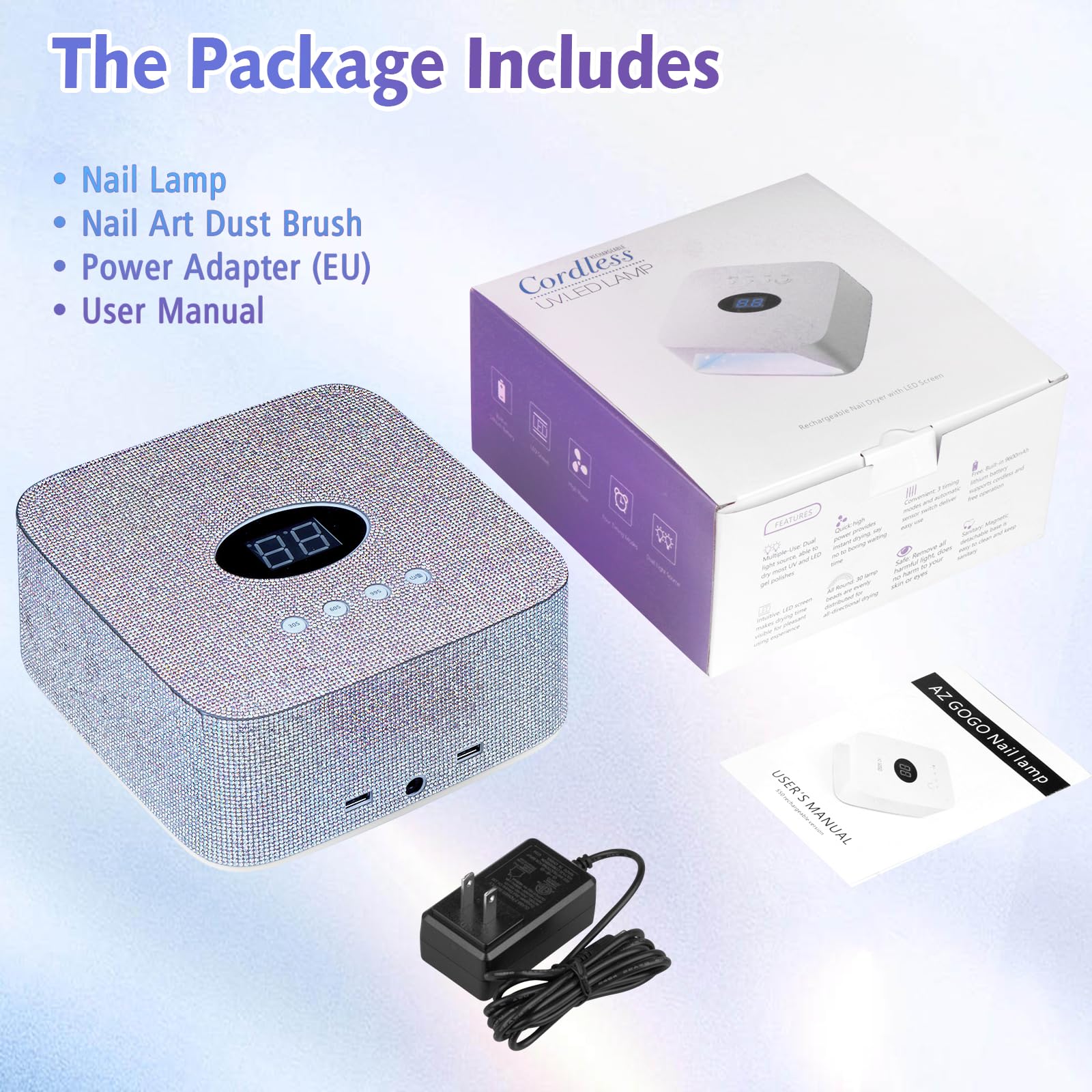 AZ GOGO Lámpara de uñas profesional recargable, 72W Lámpara UV/LED para uñas, secadora de uñas para gel, 3 temporizadores (30/60/99s) con strass, ideal para manicura en casa o salón