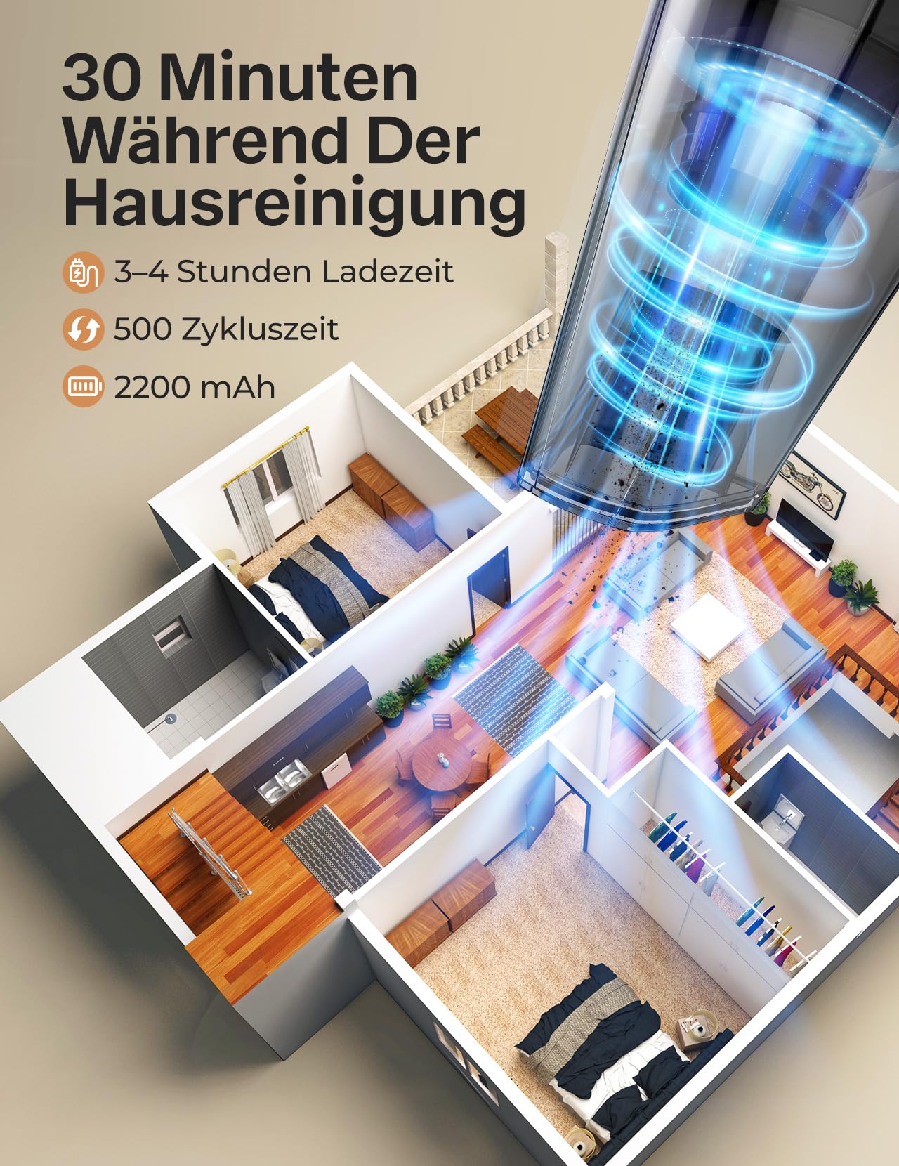 Handstaubsauger, Leistungsstarker, Tragbarer, Leichter, kabelloser Handstaubsauger Akku mit 25–30 Minuten Langer Laufzeit, Wiederaufladbarem Akku und Schnellladung für Auto, Teppich, Treppe, Tierhaare
