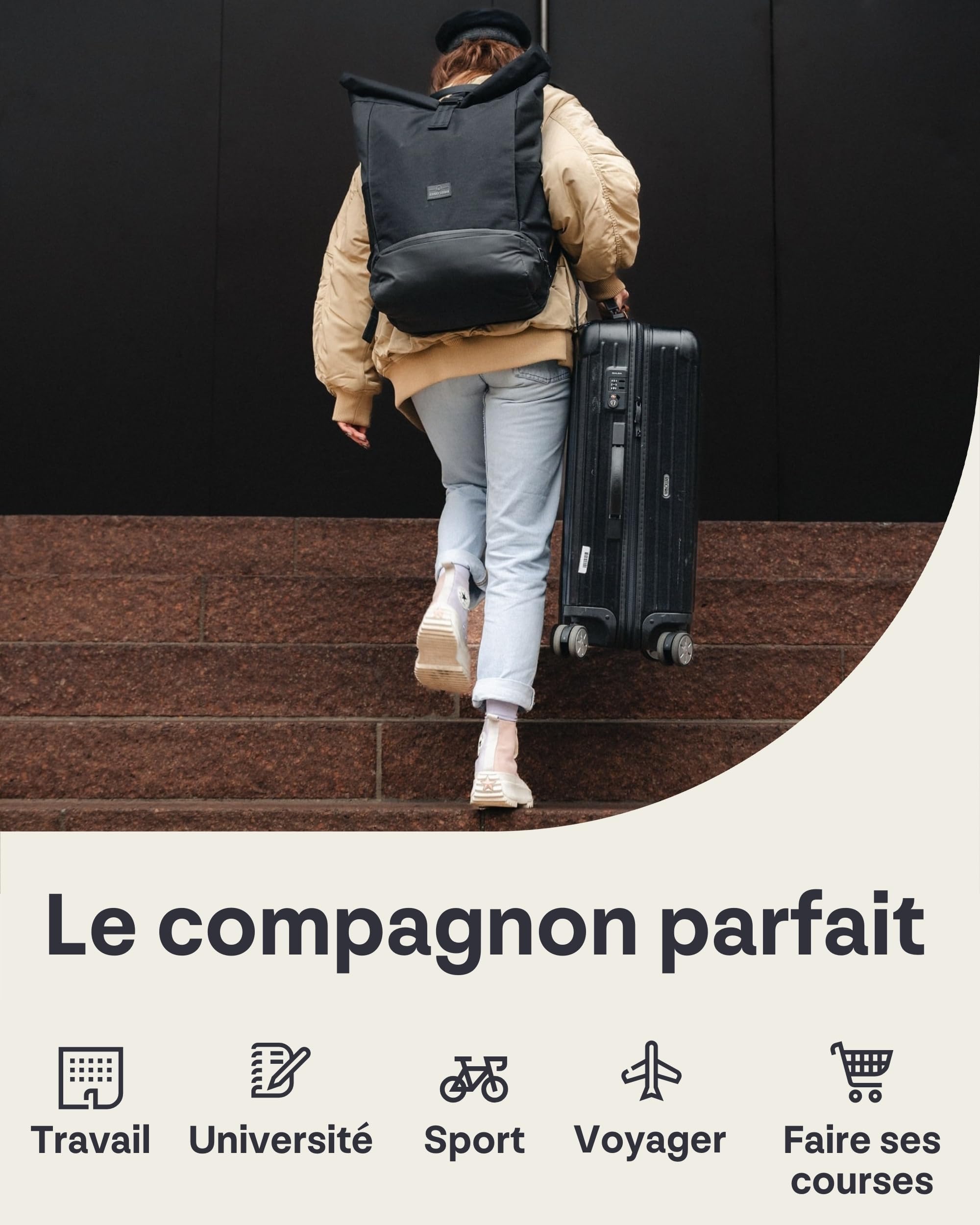 Johnny Urban Sac à Dos Femme & Homme Noir - Allen XL - Grand Sac Roll Top pour Travail & Voyage - Spacieux Backpack pour Ordinateur Portable - Imperméable
