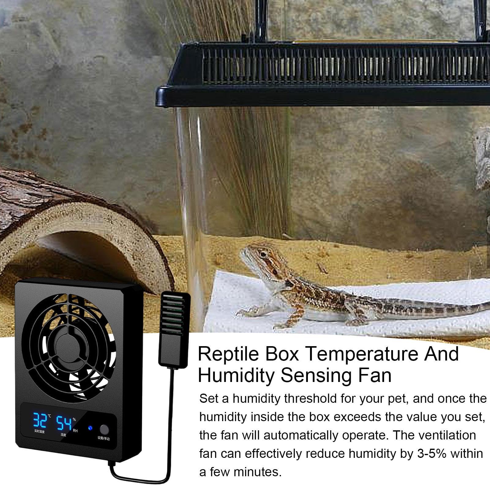 Ventilador de ventilación de terrario, silencioso, inteligente, control de grados, ventilador de hábitat Chelonia, dispositivo de monitoreo LED para serpientes, lagartos, anfibios, kit de entorno de