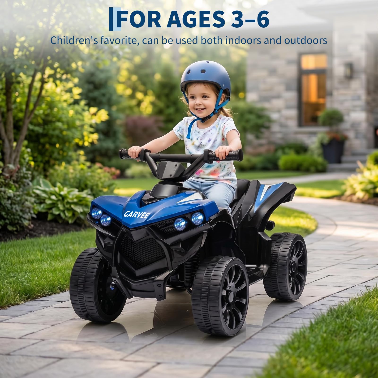 Robustes Elektro-Quad für Kinder ab 3 Jahren – 6V ATV Kinderfahrzeug mit LED-Lichtern, Musik, Hupe, 1,5–3 km/h, rutschfesten Rädern, sicheres Spielzeugauto – Blau