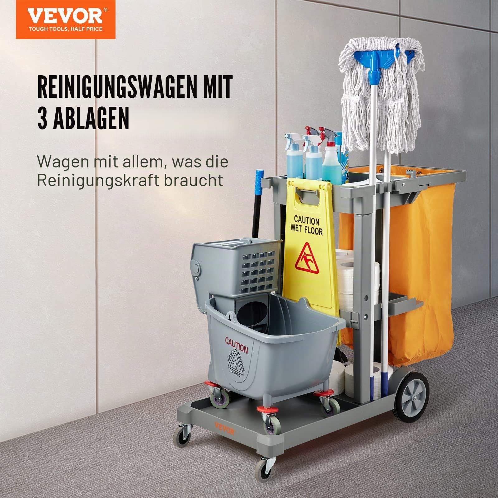 VEVOR Reinigungswagen Putzwagen mit 3 Fächern, Hygienewagen Reinigungswagen 90,7 kg Tragfähigkeit, Grau PP Wischwagen Systemwagen mit PVC-Müllsack, Geeignet für Büros, Einkaufszentren, Hotels