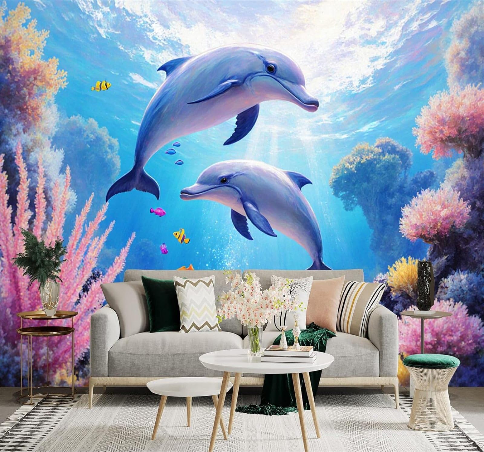 3D Papel Pintado Hermoso Mundo Submarino Delfines Arrecifes De Coral Océano