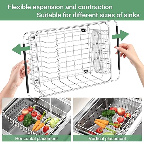 Miniatura 6 de Escurridor de platos ajustable en el fregadero, organizador expandible de acero inoxidable 304 con soporte para utensilios de acero inoxidable sobre
