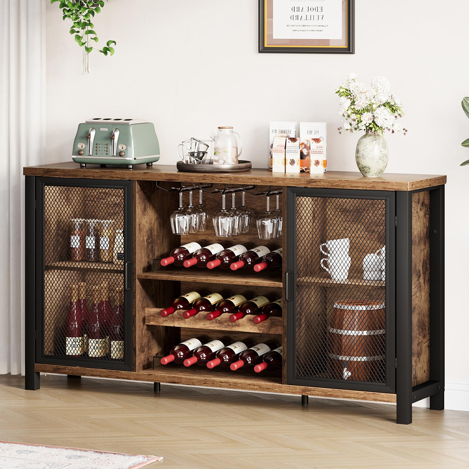 IBF Weinschrank Barschrank mit Weinregal und Glashalter Industrial Küchenschrank Kaffeebarschrank Sideboard Weinbarschrank für Küche Esszimmer Wohnzimmer Eingangsbereich,140 cm Rustikales Braun
