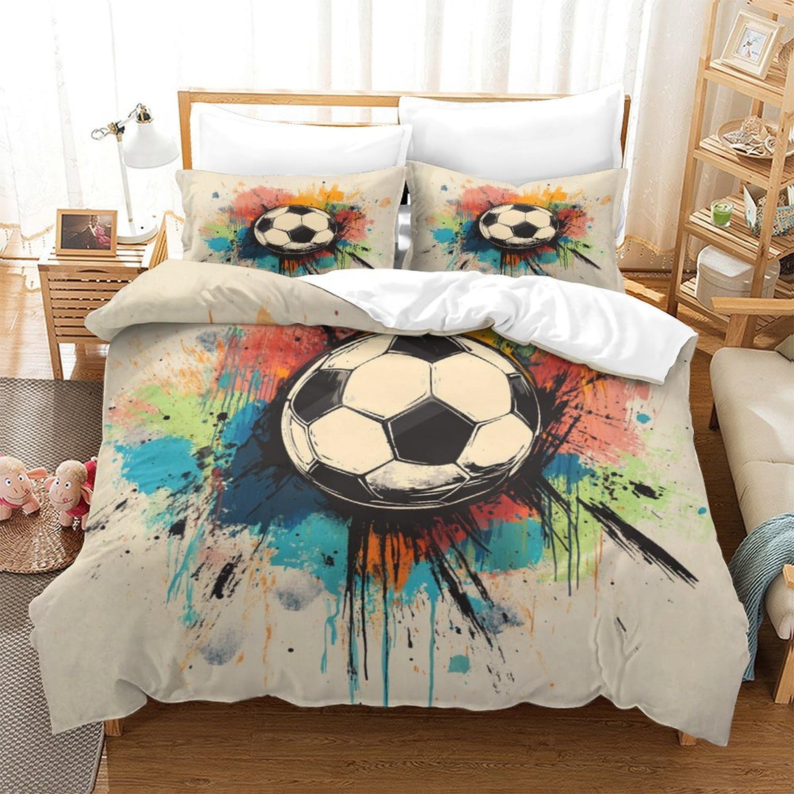 P1S9U7W5Y Vibrant Football 3D Printed Duvet Cover Set 3pcs Microfiber Soccer Bedding Set King（220x240cm）