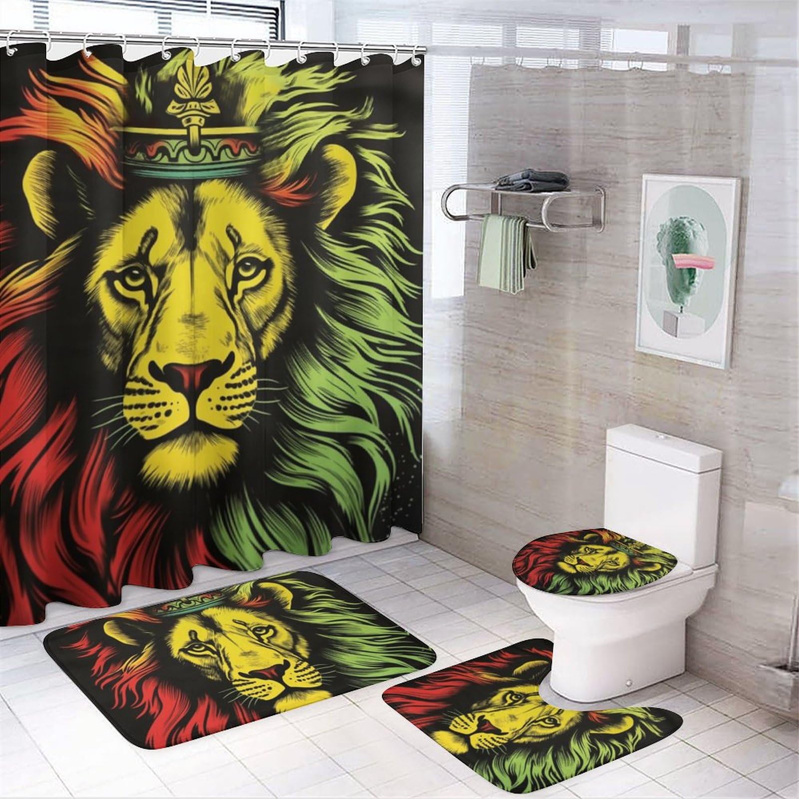 Rideau de douche 4 pièces imprimé lion de la Jamaïque avec ensemble de tapis