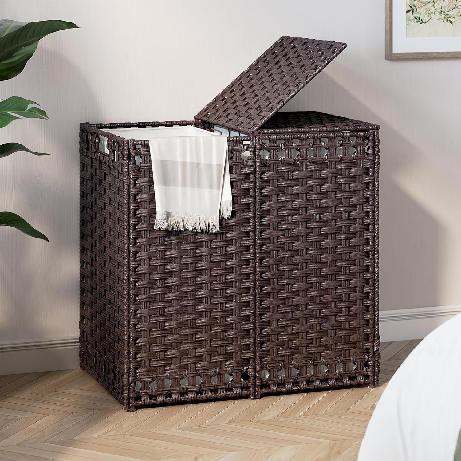 170L Foldable Laundry Hamper with Lid - Handwoven Rattan Storage Basket, 2-Section Clothes Hamper w/2 Removable Liner Bags, Easy Assembly, Portable for Bedroom Bathroom Dorm,Brown