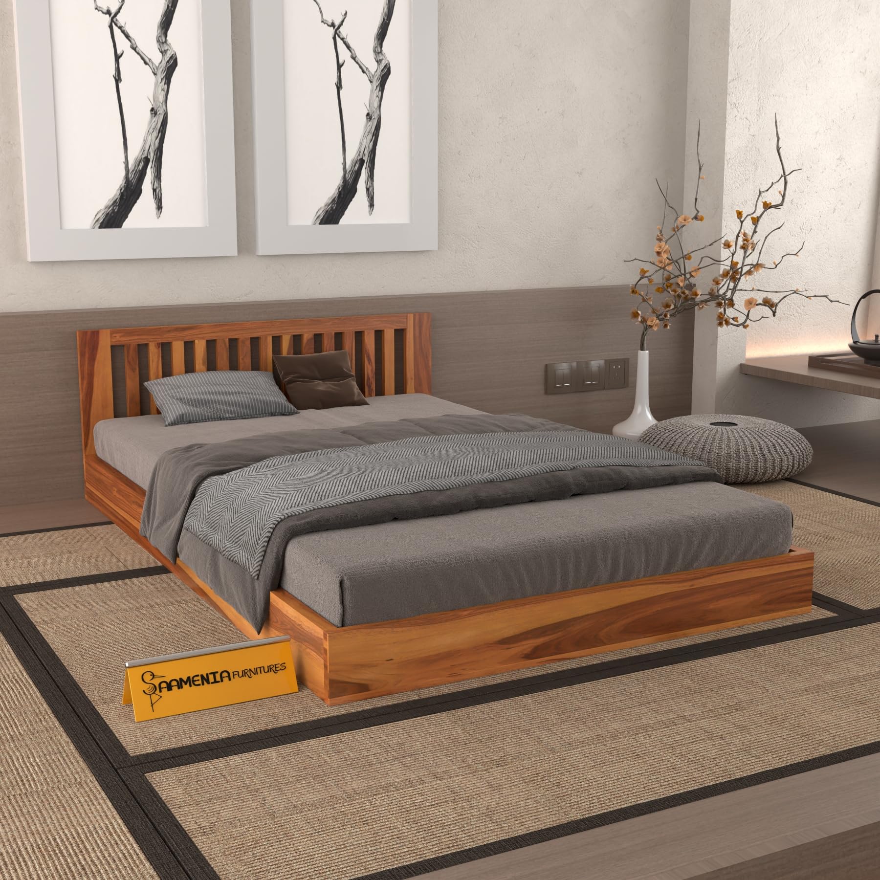 Solid Sheesham Wood Single Bed Without Storage for Bedroom | Single Size Wooden Cot with Vertical Slatted Headboard & Low Footboard | Modern Platform Divan Bed (Honey Finish)-image-26