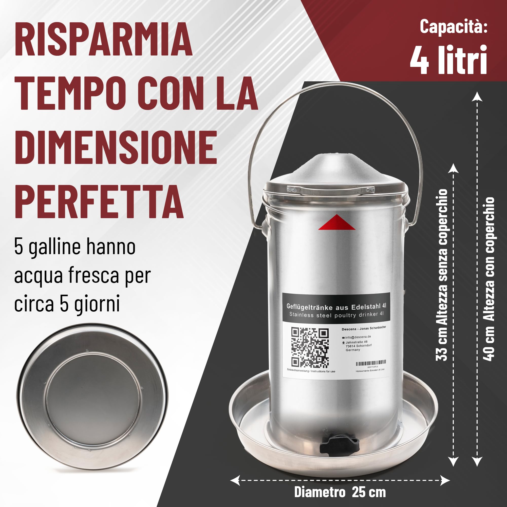 Abbeveratoio per Galline 4L in Acciaio Inox 304 (V2A) – Riempimento dall'alto, compatibile con riscaldatori e piastre riscaldanti, per pollaio