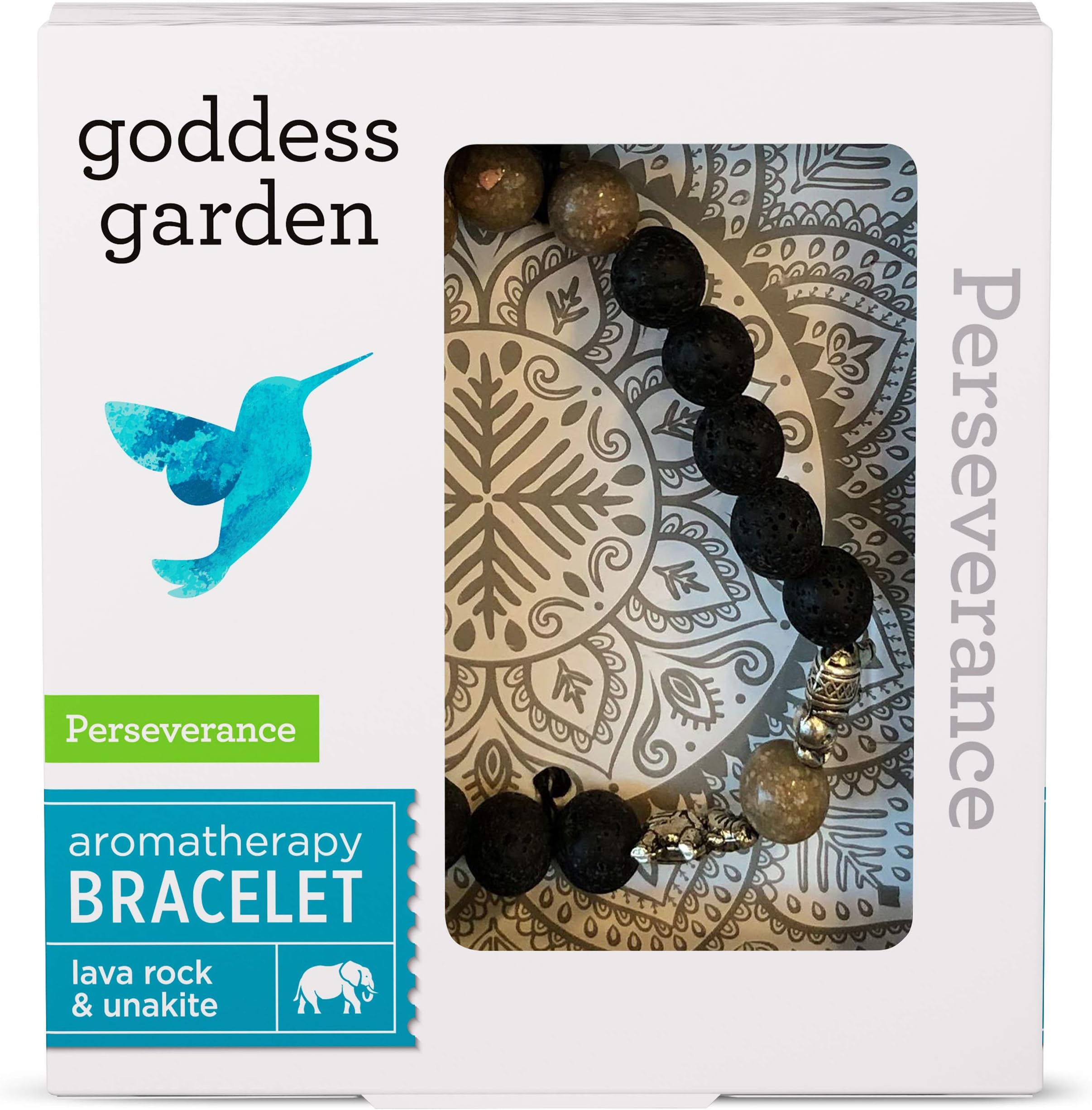 Goddess Garden - Perseverance Aromatherapy Bracelet - On-the-Go Essential Oil Diffuser Jewelry, Genuine Stones, Natural Beads, Balancing Lava Rock, Grounding Unakite, Elephant Charms - 1 Bracelet