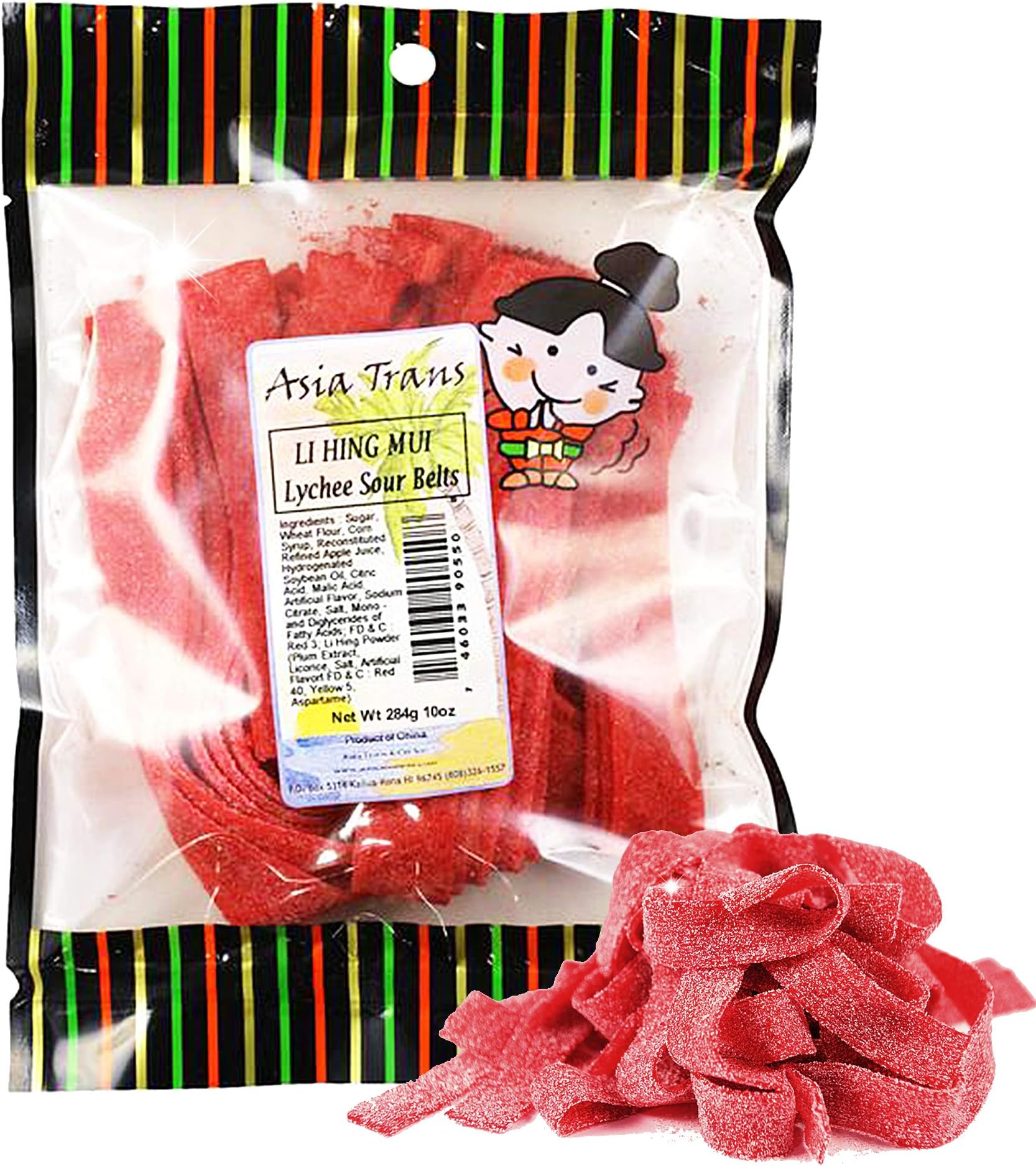 Asia Trans Lychee Belt Strips with Li Hing Mui Plum Powder - Hawaiian Favorite - Sweet & Sour Soft Gummy Candy 10oz