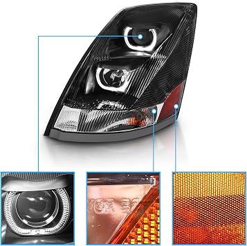 AmeriLite Black Dual LED Halo Projector Replacement Headlights Pair For 2004-2017 VN/VNL Heavy Big Rig Truck