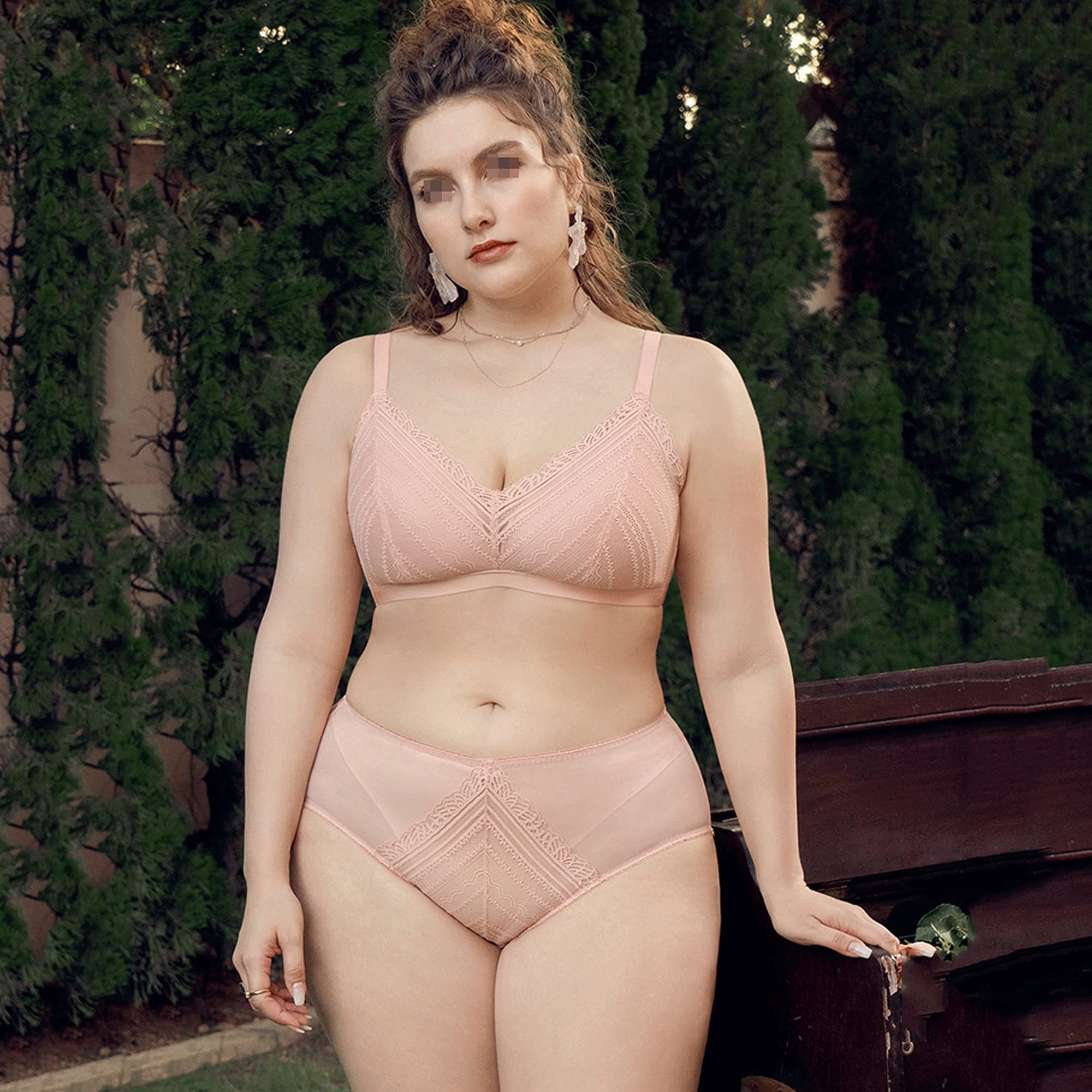 WENJUN Conjunto de sujetador y bragas de encaje para mujer, diseño de copa triangular, sujetador de encaje floral, sin acolchado, sin rellenar, tamaño grande, para uso diario (color rosa, tamaño: