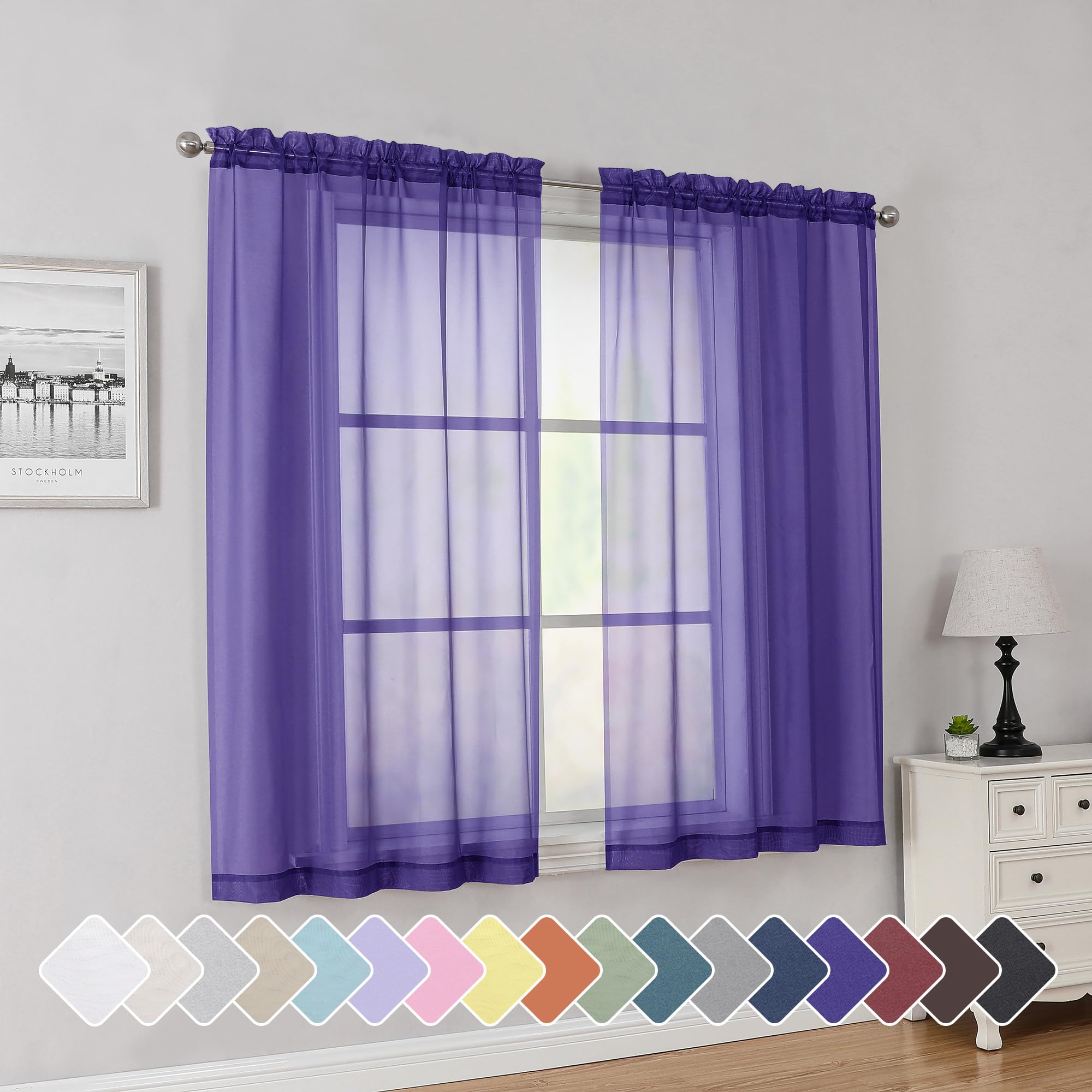 Simplebrand Purple Short Sheer Curtains 45 Inch Length 2 Panels