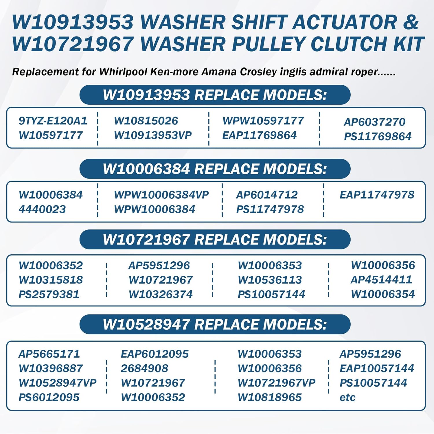 Upgraded W10913953 W11481722 Washer Shift Actuator W10721967 Washer Pulley Clutch Kit W10006384 Washer Drive Belt W10528947 Basket Hub Replacement for Whirlpool Kenmore Maytag Amana Kenmore Washer