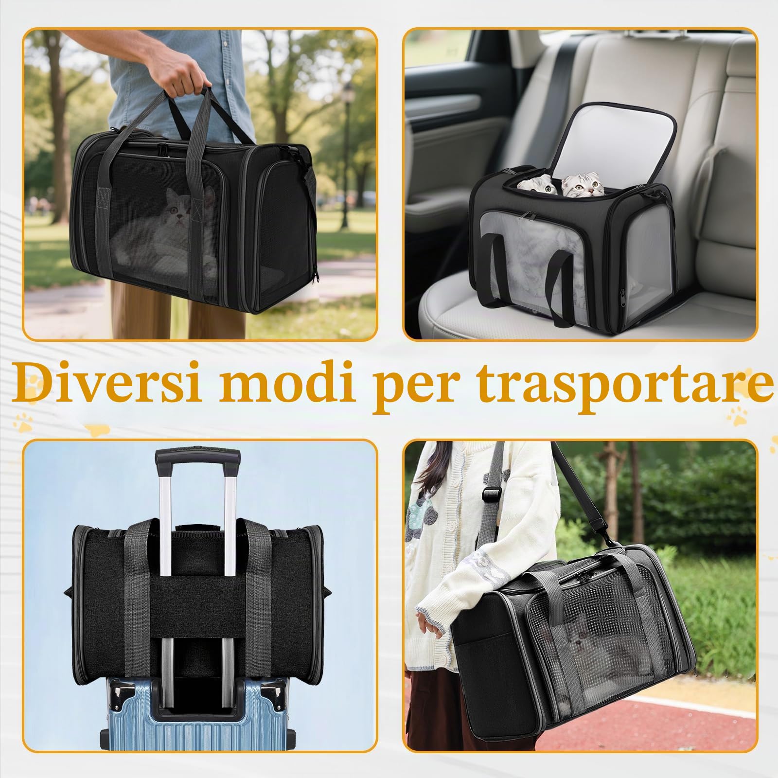 SI SEN Trasportino gatti, 45 x 30 x 30 cm, trasportino gatti con griglia a tre lati, pieghevole, adatto per gatti e cani sotto i 6 kg, M - grigio