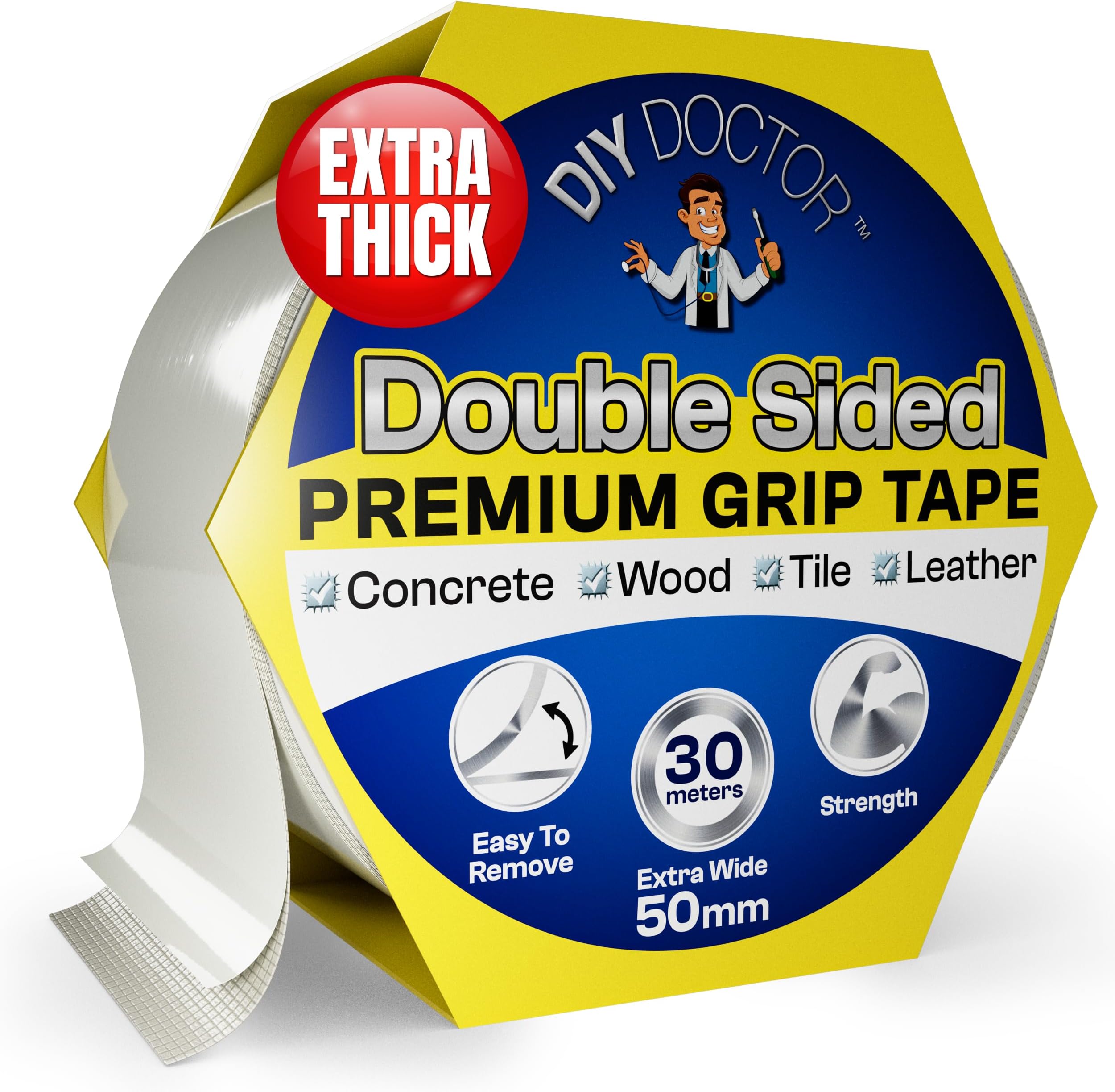 DIY Doctor XL Heavy Duty Double Sided Carpet Tape – Strong Rug Gripper for Carpeted Floor & Hard Surfaces – Carpet Tape Double Sided Heavy Duty (30m x 50mm)