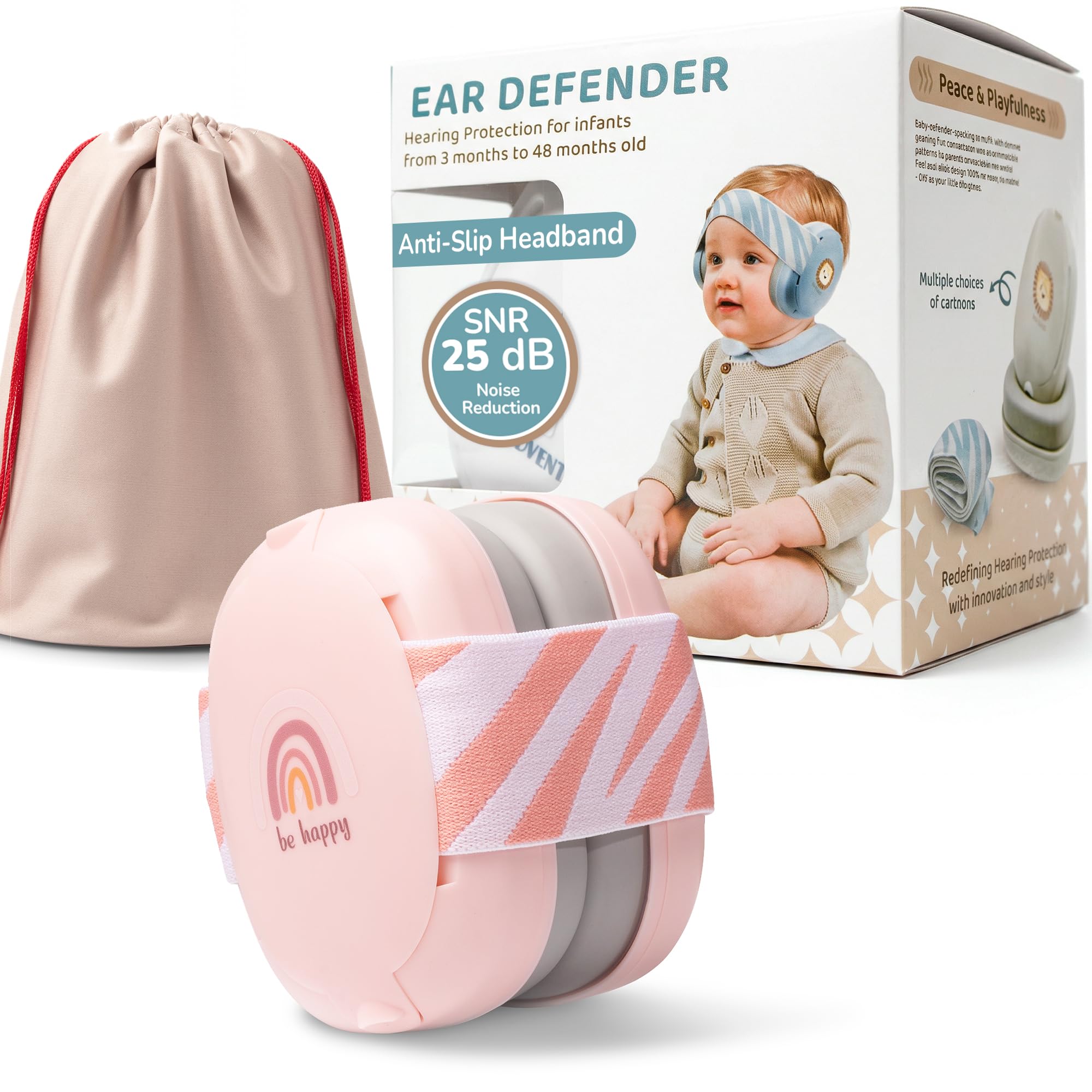 LULLIO Baby Ear Defenders - Ear Protection for Children Up To 48 Months - Multi-adjustable Baby Noise Cancelling Headphones with Anti-slip Headband - 25dB Sound Reduction - Pink