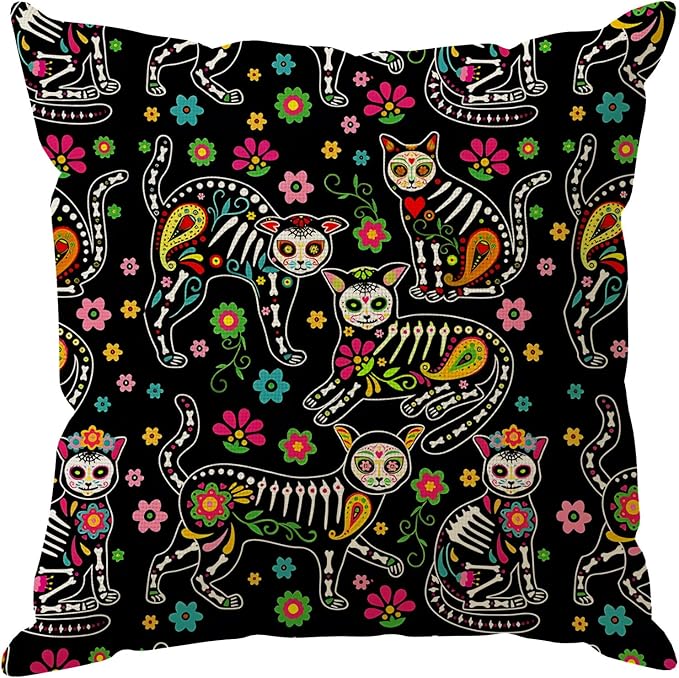 Dia De Los Muertos Pillow Cover Sugar Skull Cats Flower Paisley Petals Day of The Dead Mexican Throw Pillow Case Decorations for Farmhouse Home Bedroom Sofa Couch Outdoor Holiday Decor 18x18 Inch