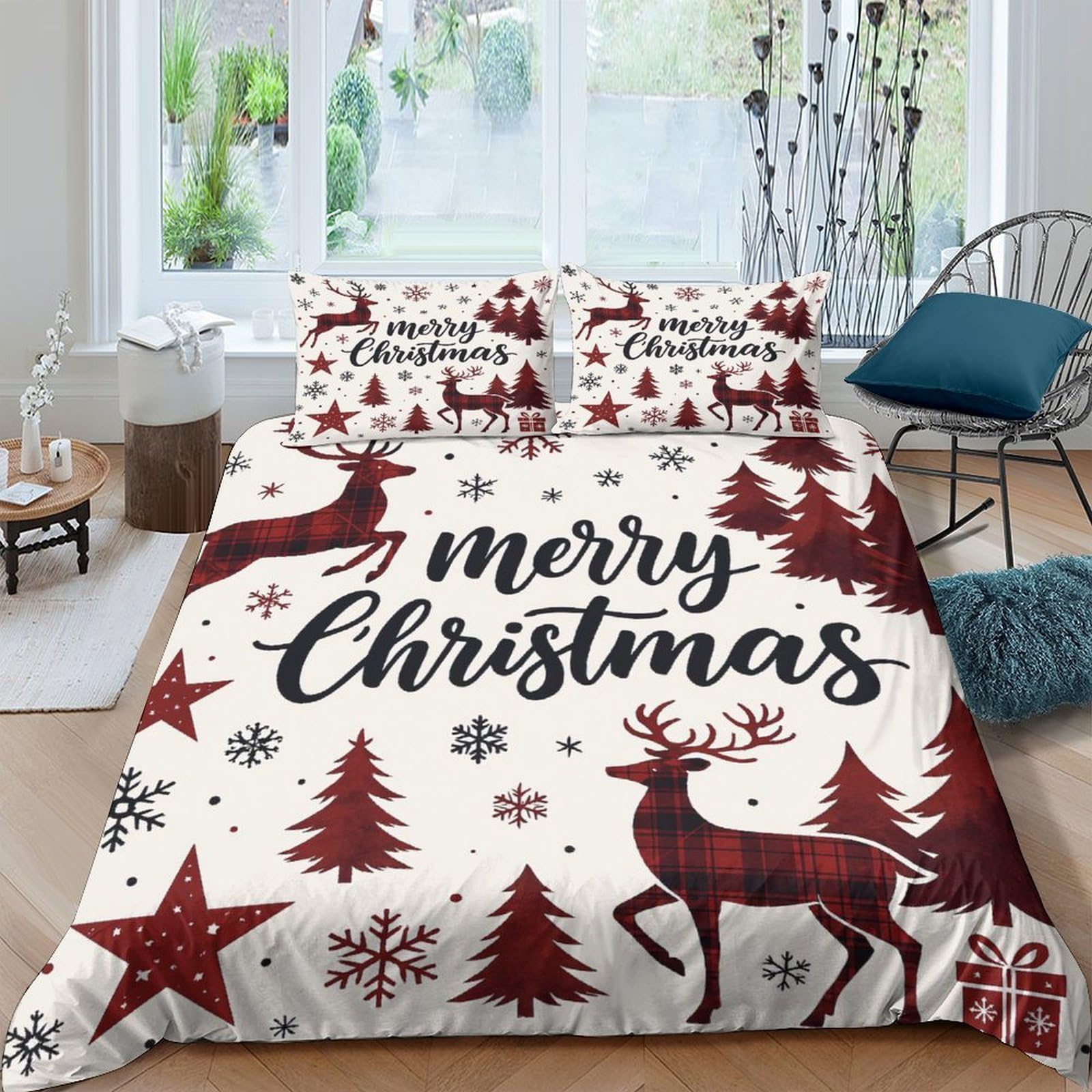 Ctjqhvkz Style-9 3D Printed Christmas Reindeer Fitted Sheet Microfiber Red White Snowflake Bed Cover For Bedroom Guest Room Decor Single（135X200cm）