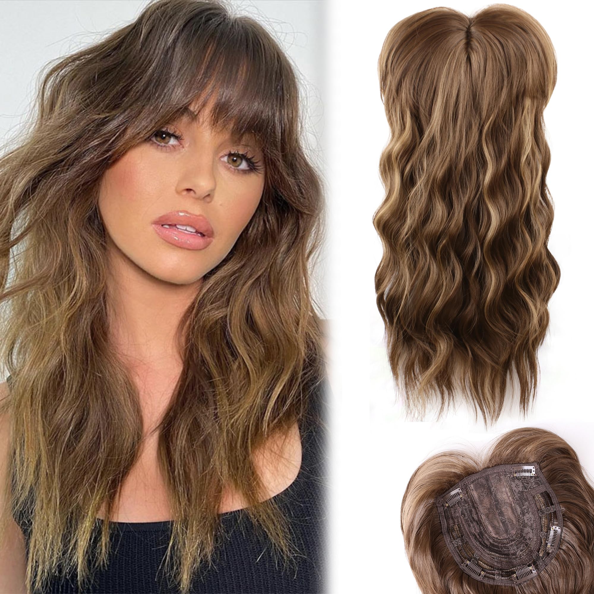 Photo 1 of Hair Toppers for Women: 20" Wavy Curl, Honey Blonde & Light Brown Synthetic Clip-In Hair Topper with Fringe Bang and Volume