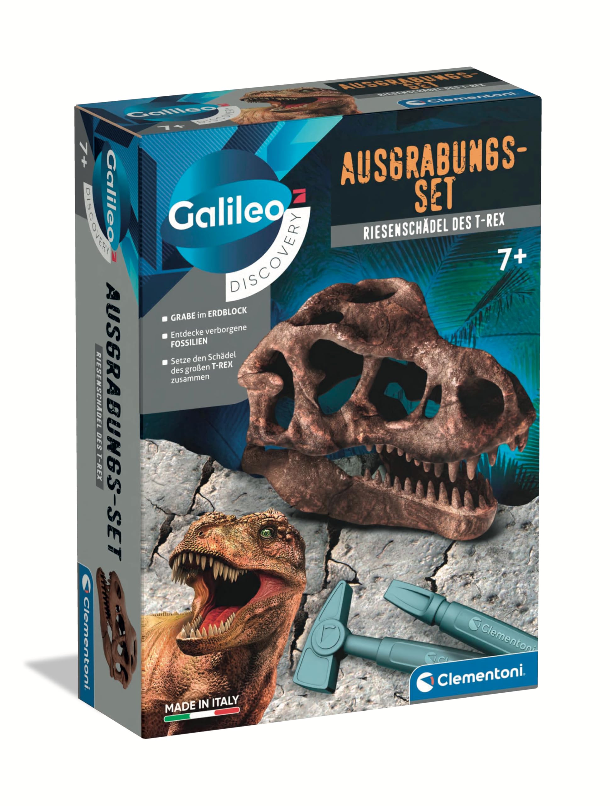 Clementoni Galileo Discovery 59445 - Juego De Excavación De Cráneos T-Rex Para Niños A Partir De 7 Años, Desenterrar Fósiles De Dinosaurios Con Martillo Y Cincel Para Pequeños Investigadores