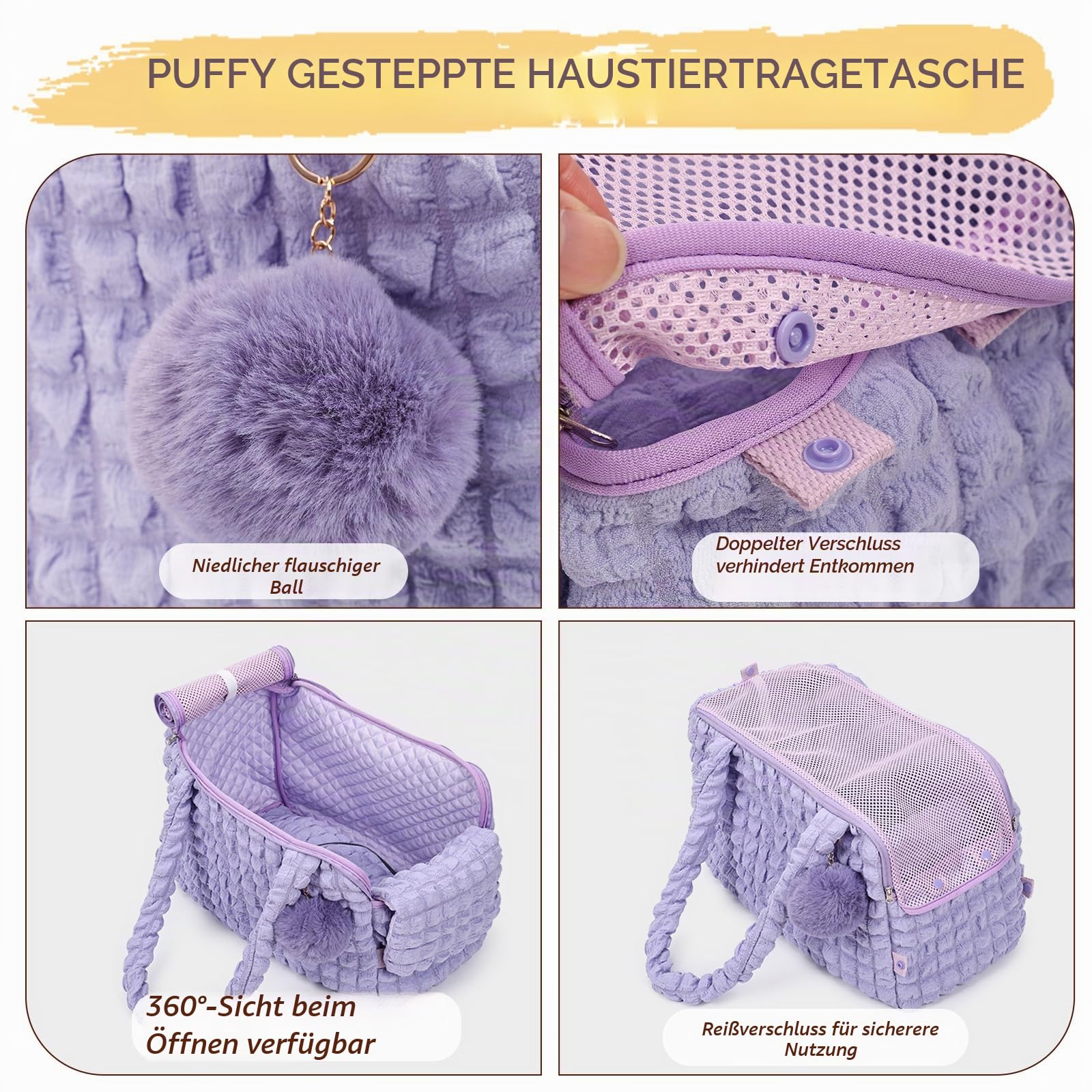 uuclume Weiche Tragetaschen für Katzen, modische Luftpolstertasche, Gesteppte Handtasche mit flauschigem Ball und belüfteten Netz-Reißverschlüssen für 5 kg Welpen / 6,8 kg Katzen (schwarz)