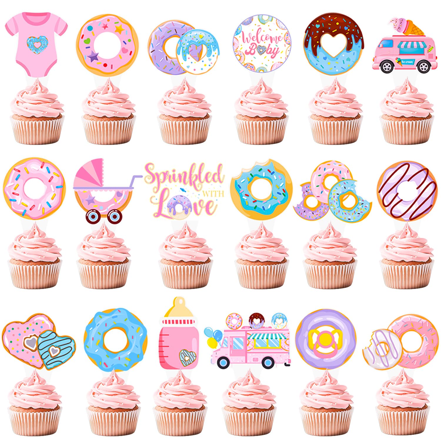 Donut Sprinkle Cupcake Toppers 48PCS Sprinkled with Love Baby Shower Decorations Donut Cupcake Picks Donut Theme Party Cake Decorations for Welcome