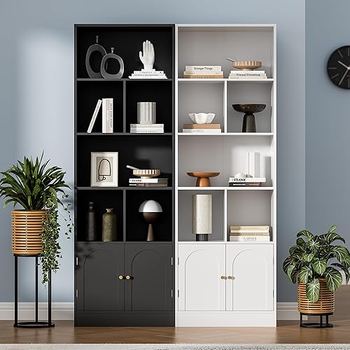 Miniatura 5 de Estantería de 71 pulgadas de alto con 6 cubos y 2 puertas, estantería de 4 niveles, estantería abierta con gabinete, organizador de almacenamiento