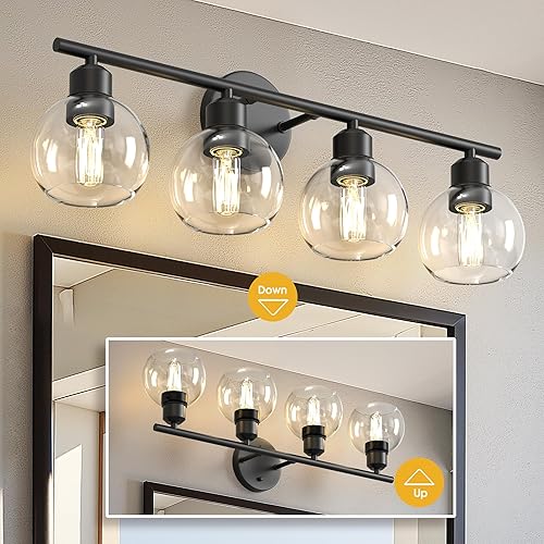 Miniatura 5 de L LOHAS LED Lámparas de baño negras sobre el espejo, lámparas de tocador de 4 luces con pantallas de vidrio transparente de globo, modernas luces de