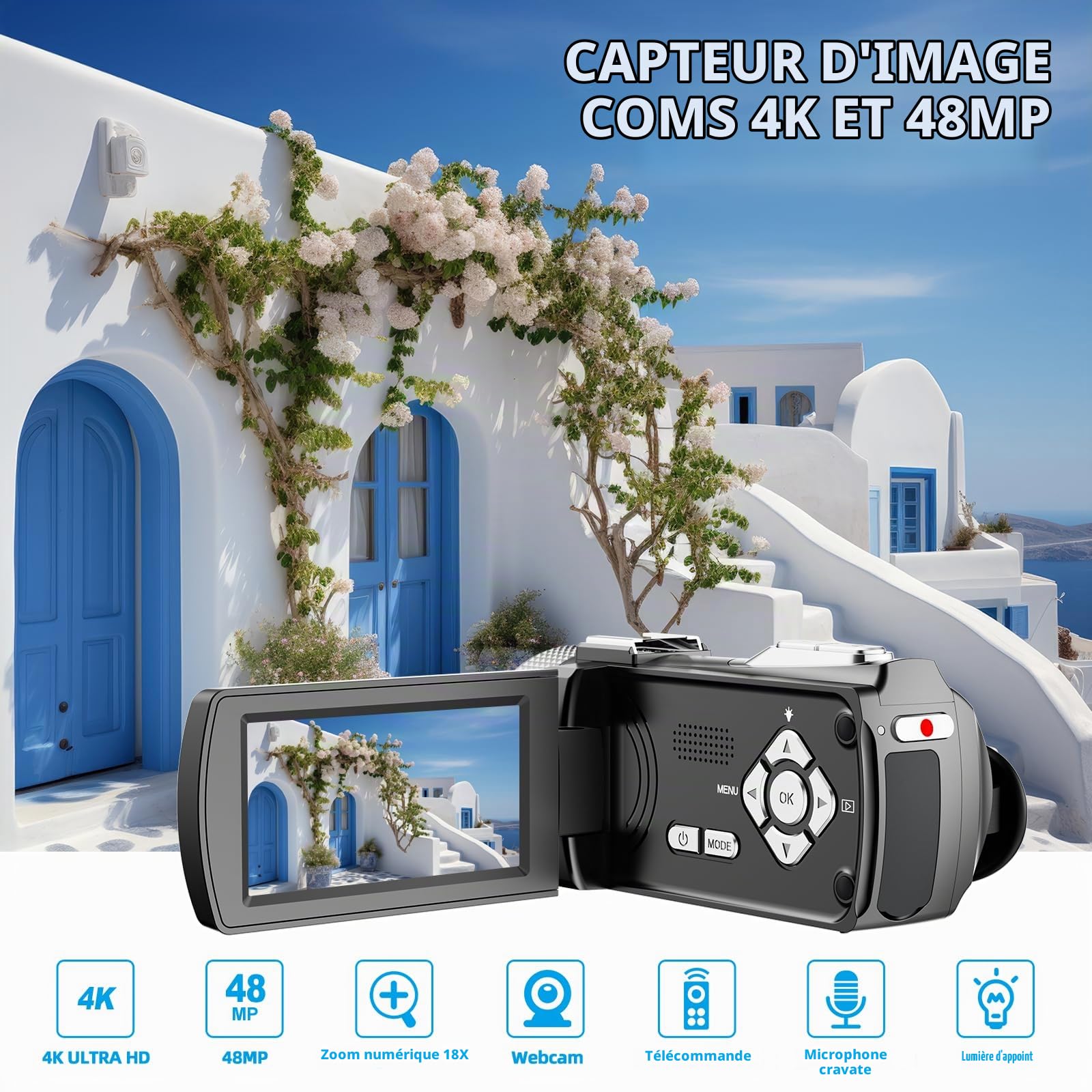 Caméscope vidéo 4K, caméscope 48MP avec écran IPS de 7,6 cm pivotant à 270°, microphone sans fil & microphone filaire, 2 batteries rechargeables, télécommande, caméscope pour le vlogging, les voyages