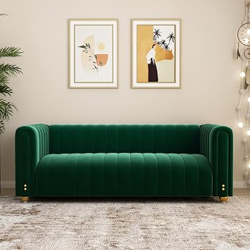 Green Velvet Couch Sofa Loveseat, 81.3 Wide Mid-Century Modern Love Seat Tufted Chesterfield Velvet Sofa Futon with Curved Arm Gold Leg, 3 Seat Sofa Large Comfy Sofas Couches for Livingroom Emerald
